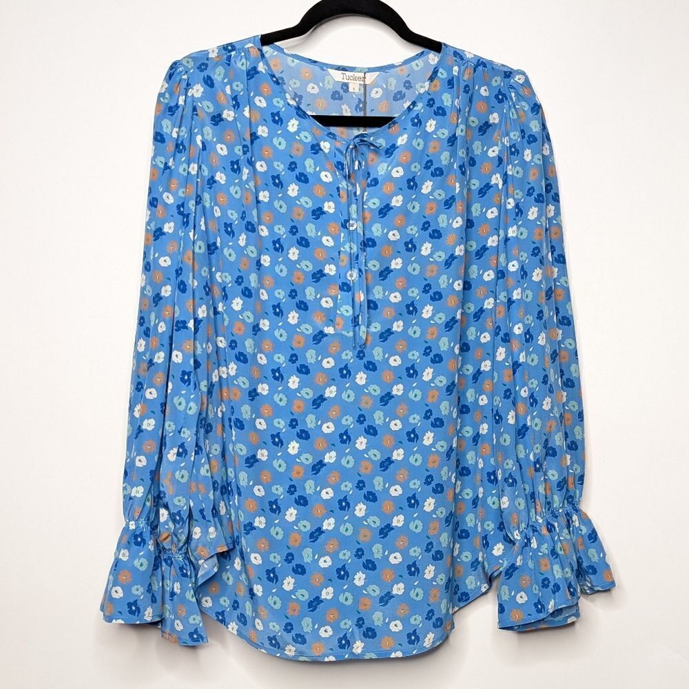 Tucker NYC Juliette Blouse Cornflower Poppies Micro in Silk Crepe de Chine Top